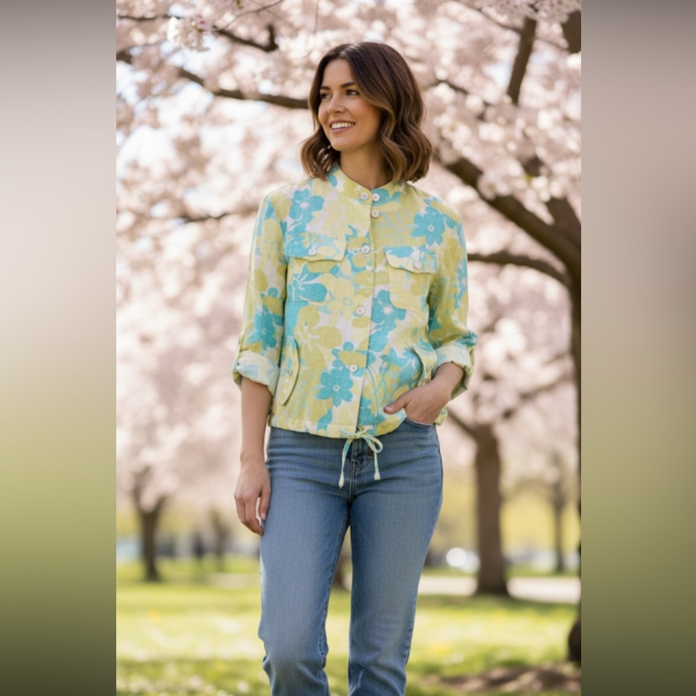 Ruby Rd. Floral Jacket in Blue and Yellow